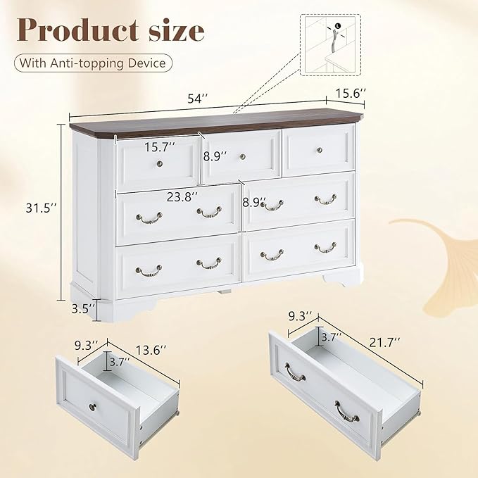 Farmhouse 54" 7 Drawers Dresser, Wood Rustic Chest of Drawers Dresser with Corner Bevel Shape, Closet Storage Dressers for Bedroom, Living Room, Hallway, Antique White