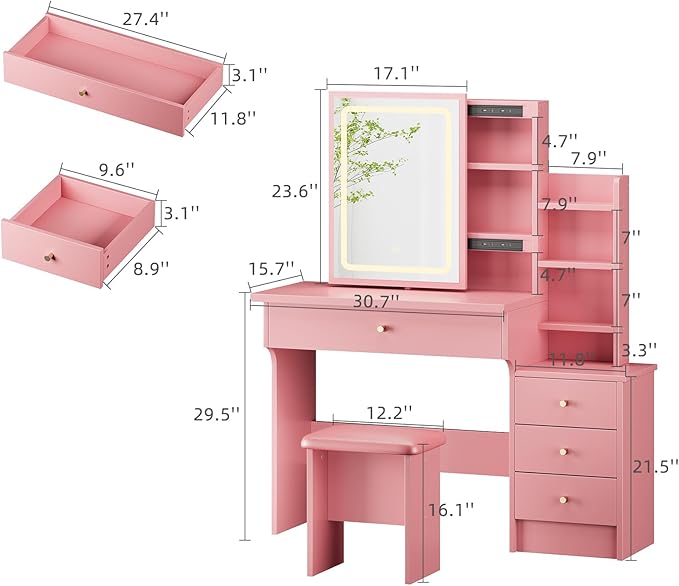 Vanity Desk with Mirror and Lights, Makeup Vanity with 3 Adjustable Lighting Modes, Small Vanity Desk with Sliding Mirror, 4 Drawers, 7 Shelves, Vanity Chair for Bedroom, Pink