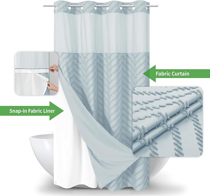 Stall No Hook Boho Farmhouse Shower Curtain with Snap-in Fabric Liner set-54Wx80H(78H),Tufted Chevron Striped Hotel Grade Cloth Shower Curtains for Bathroom,Water Repellent,Fog Blue