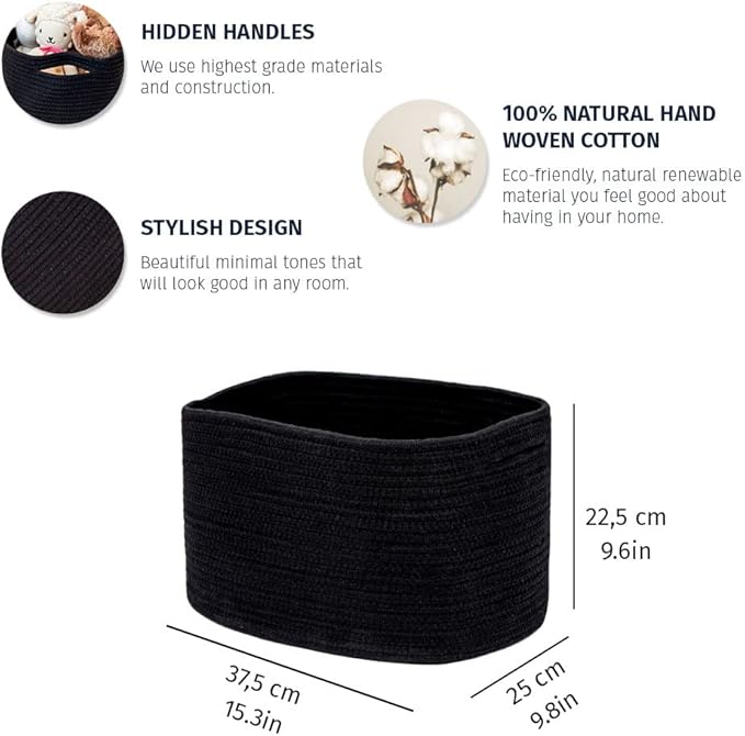 OrganiHaus Set of 3 Woven Baskets for Organizing | Cute Black Storage Basket for Toys & Cloths | Cotton Rope Basket for Decor | Shoe Basket Organizers & Storage | Decorative Storage Baskets & Bins