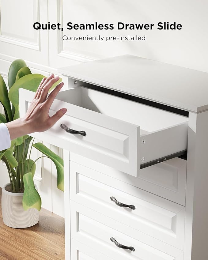 Pipishell White 5 Drawers Dresser Chests for Bedroom, 42.7 Inch Tall Wooden Dresser, Modern Storgae Organizer with Large Drawers & Bar Handles for Bedroom, Entryway, Hallway, White