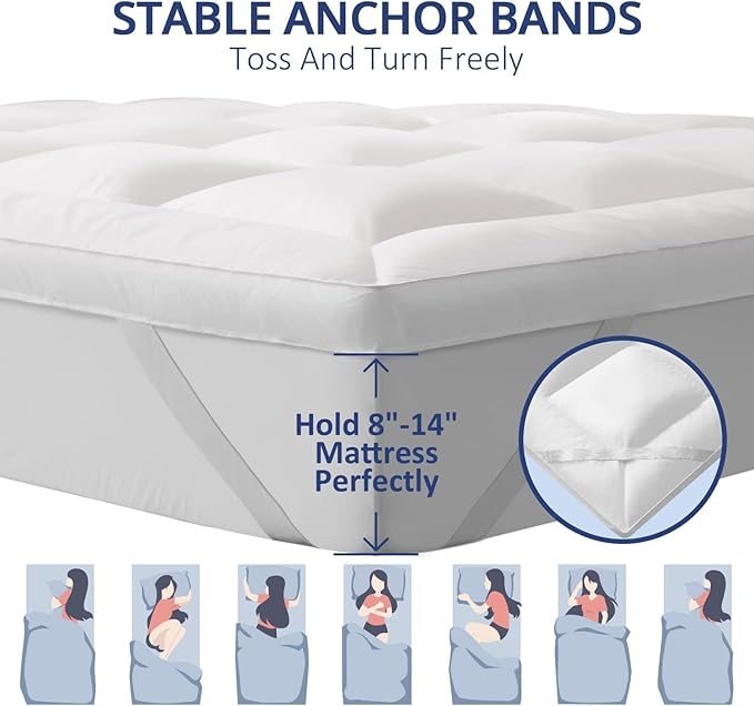 ELEMUSE 1300 GSM Overfilled Mattress Topper Queen with Baffle Box Design,Extra Thick Cooling Pillow Top Pad, 400TC Cotton Cover, Plush & Support Snow Down Alternative, White