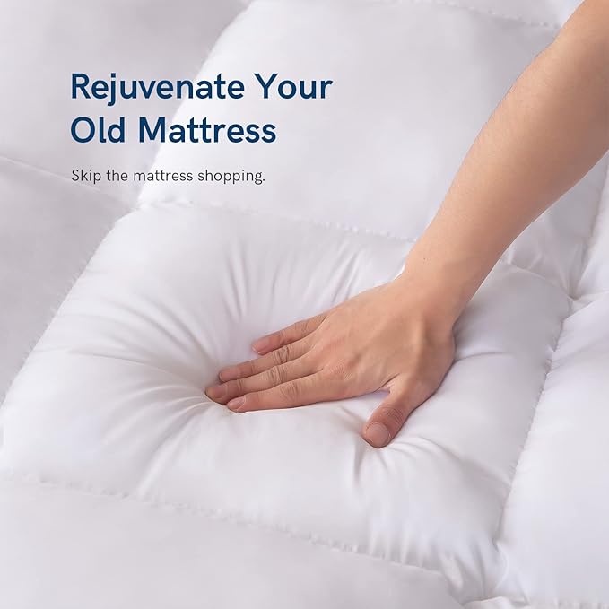 ELEMUSE Queen Mattress Topper for Back Pain, Extra Thick Mattress Pad Cover, Plush Soft Pillowtop with Elastic Deep Pocket, Overfilled Down Alternative Filling