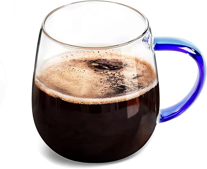 Clear Glass Mug with Handle, Blue Handle/16 oz, high borosilicate glass mug for large glass coffee cups with handles, beverage mugs with handles, or as a gift!…