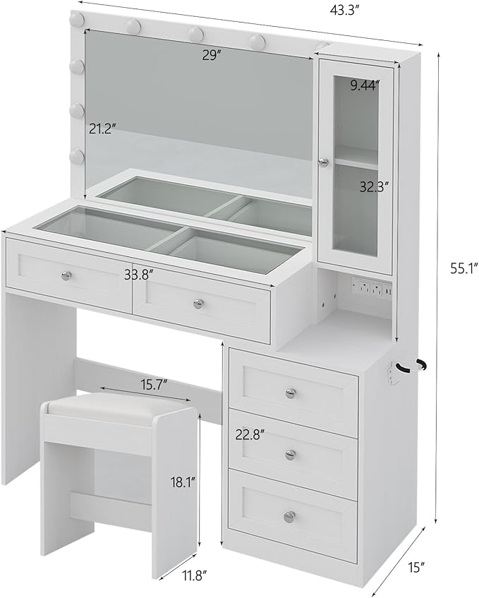 43" W Vanity Desk with Mirror & 11 Lights, 5 Drawer Modern Makeup Desk with Glass top & Cushioned Stool, 3 Lighting Modes Brightness Adjustable,Power Outlet,Bedroom，White