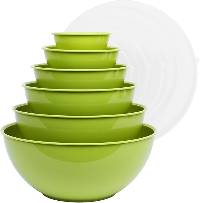 BoxedHome BPA Free Plastic Round Mixing Bowl with Lids, 12 Pack Nesting Bowls with Lids Set, Microwave and Dishwasher Safe Prep & Serving Bowls Great for Mixing, Baking, Serving (Light Green, 12pcs)