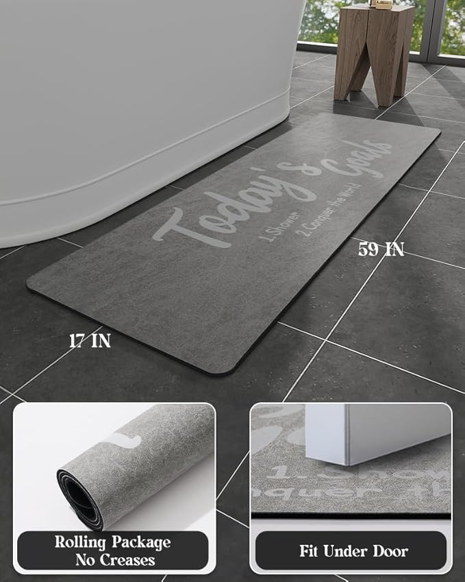 MontVoo -Bath Mat Rug- Non Slip Quick Dry Absorbent Thin Bathroom Rugs Fit Under Door-Faux Suede Surface Bathroom Floor Mats-Shower Rug for in Front of Bathtub Shower 17 X59 Grey Text Pattern