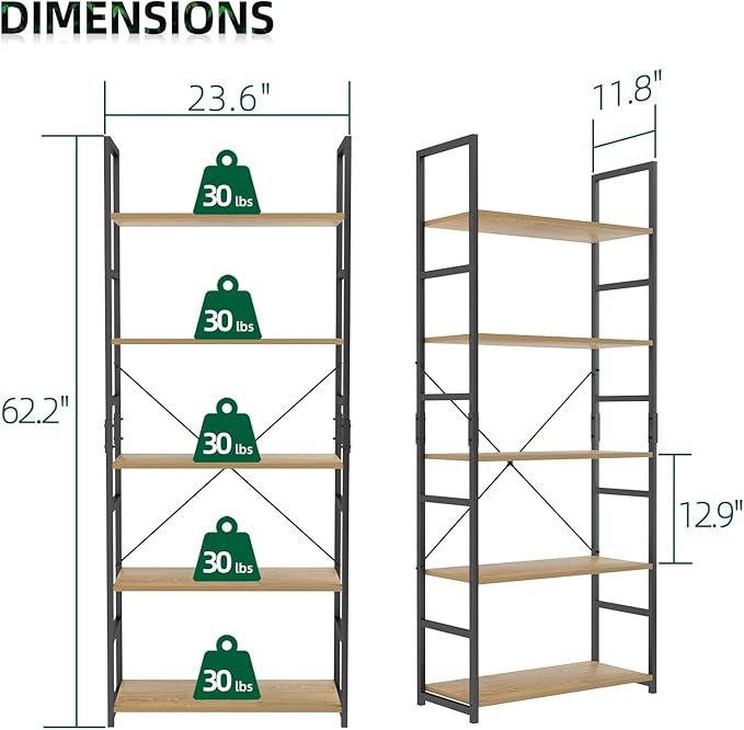 OTK 5 Tier Bookshelf, Tall Bookcase, Office Shelf Storage Organizer, Modern Book Shelf for Living Room, Bedroom, and Home Office, Natural