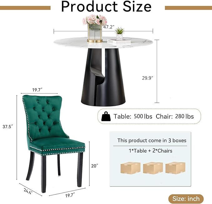 3-Piece Faux Marble Round Dining Table Set for 2, Modern Luxury Kitchen Table Set for 2 with Green Tufted Chairs,Circle Dining Tables with White Marble Grain Top and Black Pedestal Base