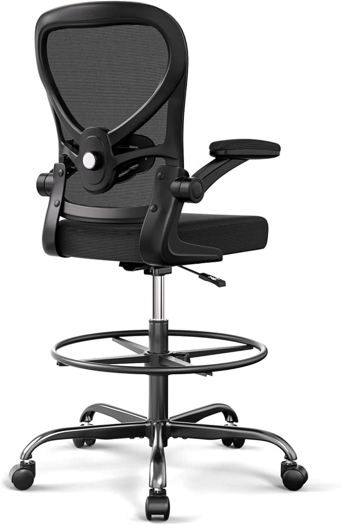 Alolo Drafting Chair,Big and Tall Office Chair with Footrest Ring,Ergonomic Chair for Counter Height and Standing Desk Comfy with Lumbar Support and Flip-up Armrests in Heavy Rolling Base,Black