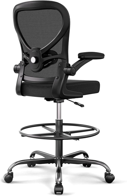 Alolo Drafting Chair,Big and Tall Office Chair with Footrest Ring,Ergonomic Chair for Counter Height and Standing Desk Comfy with Lumbar Support and Flip-up Armrests in Heavy Rolling Base,Black