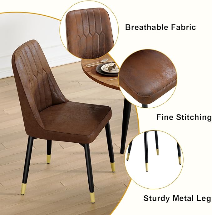 Round Dining Table Set for 6｜42"-54" Extendable Dining Table Set for 6｜0.73" Thick Wood Tabletop with Smooth Edge｜Black Metal Leg with Non-slip Footmat｜6 Soft PU Chairs｜Space Saving｜Easy Assembly
