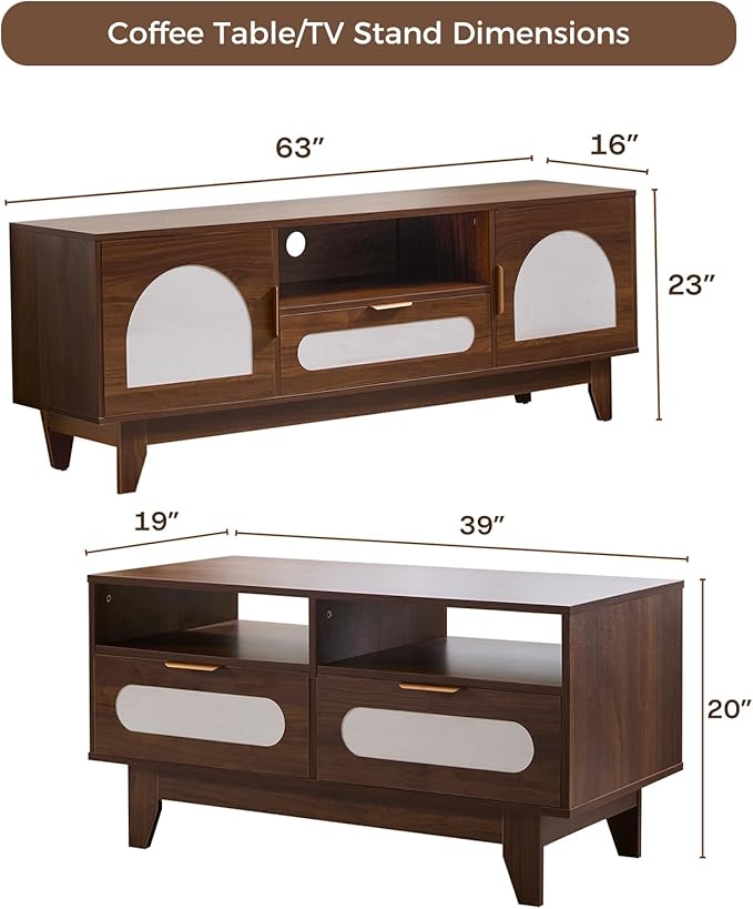 CANMOV Coffee Table and TV Stand Set of 2, Mid Century Modern TV Console for 60-70 inch TV, 39 inch Coffee Table with Storage & 4 Drawers for Bedroom, Living Room (Walnut)