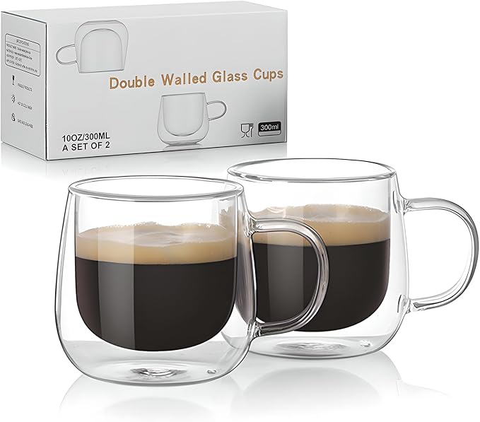 10oz Double Walled Glass Coffee Mugs Set of 2, Clear Insulated Mug for Cappuccino, Latte, Borosilicate Glass Cup, Heat & Cold Resistant Glasses
