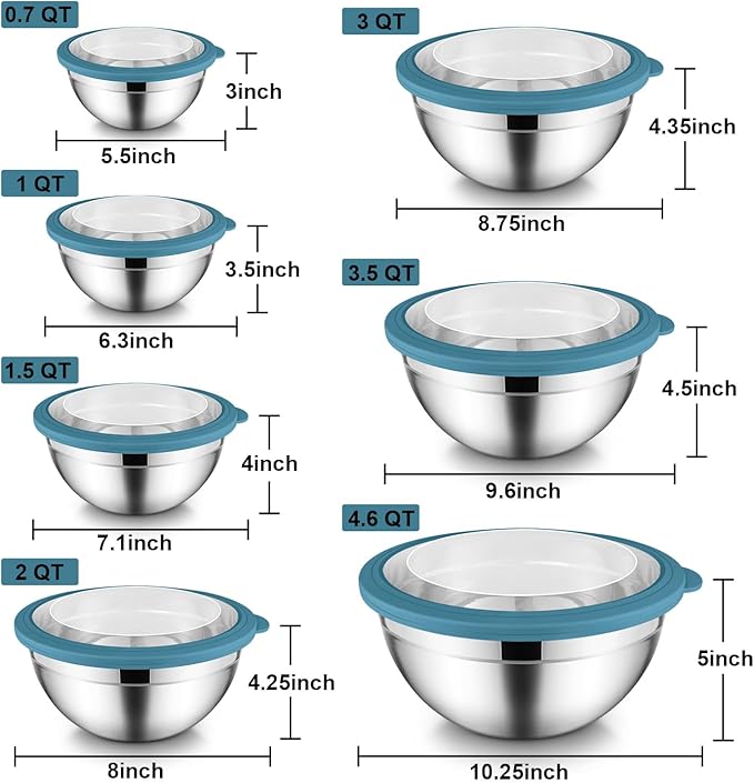E-far Mixing Bowls Set of 7, Stainless Steel Mixing Bowls with Airtight Clear Lids, Metal Nesting Bowls for Kitchen Prep, Baking, Serving, Dishwasher Safe, Size 4.6, 3.5, 3, 2, 1.5, 1, 0.7QT, Blue