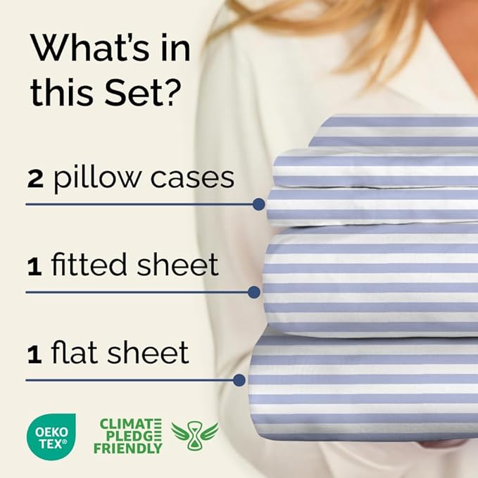 Sky Blue and White Striped Sheets - 1 Flat & 1 Fitted Sheet & 2 Pillowcases w/ Deep Pockets - Comfy, Wrinkle & Fade Resistant - Soft, Breathable & Cooling - Pinstripe Patterned Bedding - King Size
