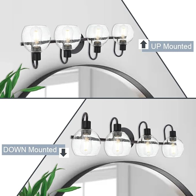 4-Lights Contemporary Bathroom Light Fixtures Over Mirror with Seeded Globe Glass Shades, Black Rustic Vanity Wall Lighting for Bedroom Dressing Cabinet