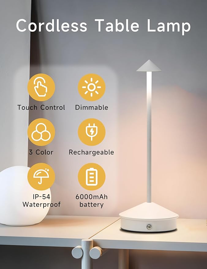 Table Lamps,LED Rechargeable Desk Lamp,Portable Modern USB Battery Operated Lights,Outdoor Waterproof Touch Dimmable,for Patio,Restaurant,Bar,Camping,Dining Home Set of 2 White