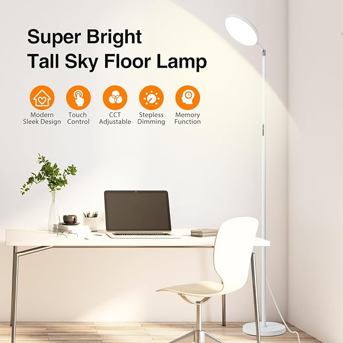 Torchiere Floor Lamp, Eye-Care Reading Lamp, 72" White Standing Lamps with Touch Control, Modern Bright Lamp for Bedroom,Office,Living Room