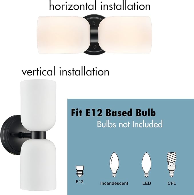 CLAXY Bathroom Light Fixtures 2-Light Vanity Lights-Milky Glasss Shade Wall Sconces with Black Finish