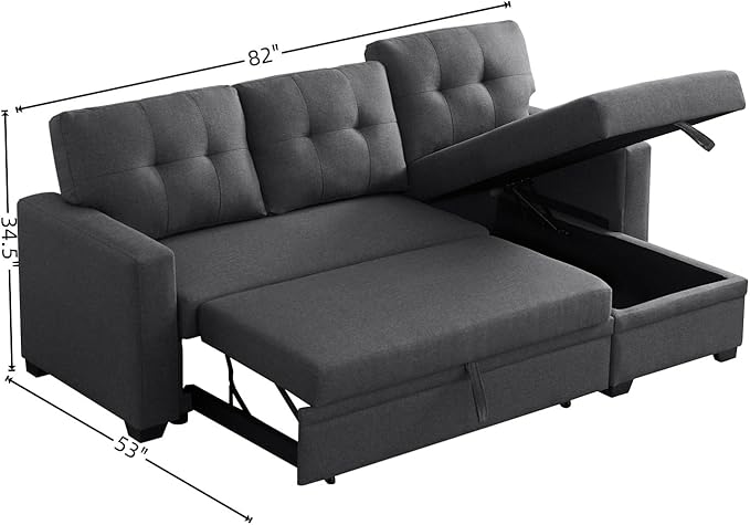 L-Shape Sofa Bed, 82" Sectional Couch with Storage Chaise, Pull Out Sleeper Sofa with Removable Back Cushions, Convertible Corner Couch for Living Room Apartment, Dark Gray
