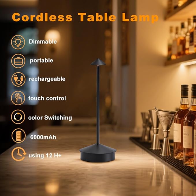 EJQ Cordless Table Lamps, 3 Colors Stepless Dimming Touch Lamp, Outdoor 6000mAh Rechargeable Battery LED Desk Lamp for Bedroom/Couple Dinner/Desk/Cafe/Dining Room (Black)