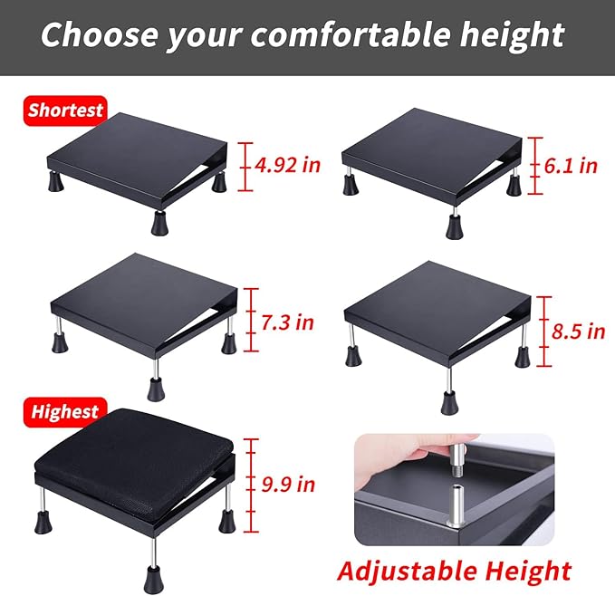 Mymyth Office Foot Rest for Under Desk at Work - Iron Adjustable Ergonomic Footrest Strong & Durable - 6 Heights Foot Stool with Memory Foam Cushion - Anti-Slip for Computer Gaming - Black