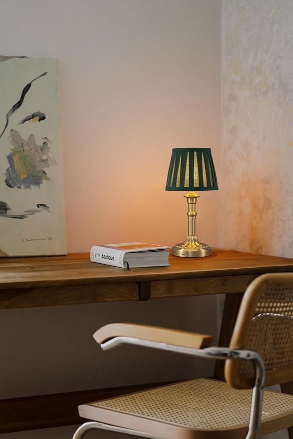 KDG Cordless Portables Table Lamp Set of 2, LED Fabric Shade Small Desk Lamps, 5000mAh Battery Powered Lighting, 2700K Stepless Dimmable Light for Living Room, Dining Room, Bedroom (Bronze+Green)