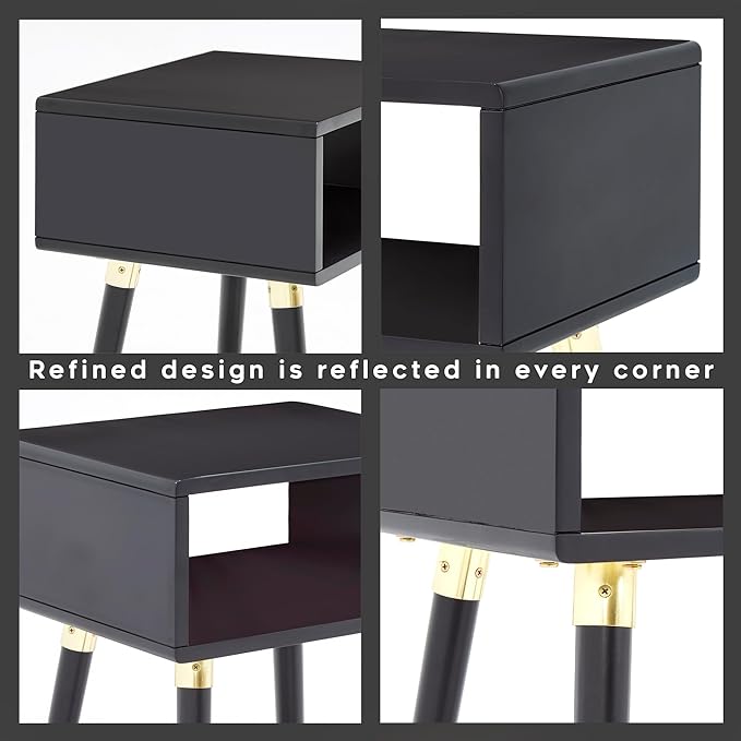 Bme Dinkee Solid Wood Nightstand, Fully Assembled, Without Drawer for Mid Century Bedroom and Living Room, Black