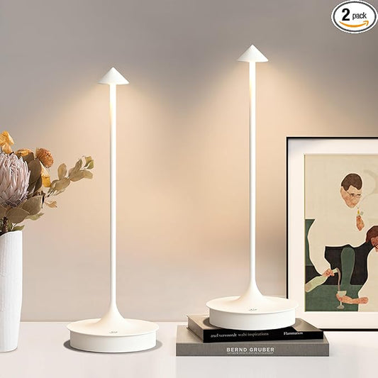 Set of 2 Small Cordless Table Lamp Rechargeable, Battery Operated Desk Lamp, 4000mAh LED Touch Lamp, Dimmable Portable Outdoor Waterproof Wireless Table Light for Restaurants/Bars/Outdoor（White