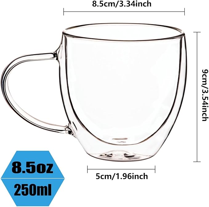 Espresso Cups Set Of 2 8 Oz, Double Walled Glass Coffee Mugs with Handle,Insulated Layer Coffee Cups,Clear Borosilicate Glass Mugs,Perfect for Cappuccino,Tea,Latte,Espresso,Hot Beverage,Wine