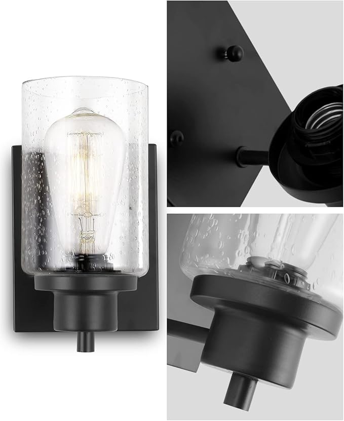 3 Pack Bath Vanity Light Fixtures Wall Sconce, Modern Indoor Bathroom Wall Lights with Seeded Glass, Black Wall Light Fixtures for Bedroom Mirror Kitchen Living Room Entryway Patio