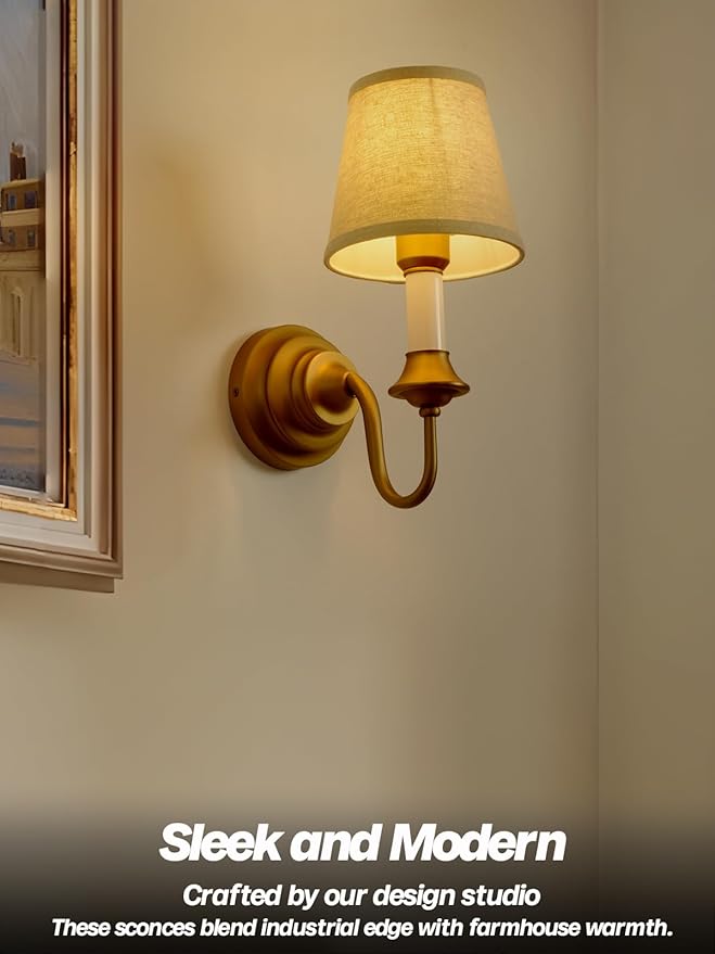 Vintage Fabric Wall Sconce Light with Curved Arm, Rustic Linen Cloth Wall Light Fixtures, Hardwired Brass Wall Mounted Lamp for Bathroom Vanity Bedroom Living Room