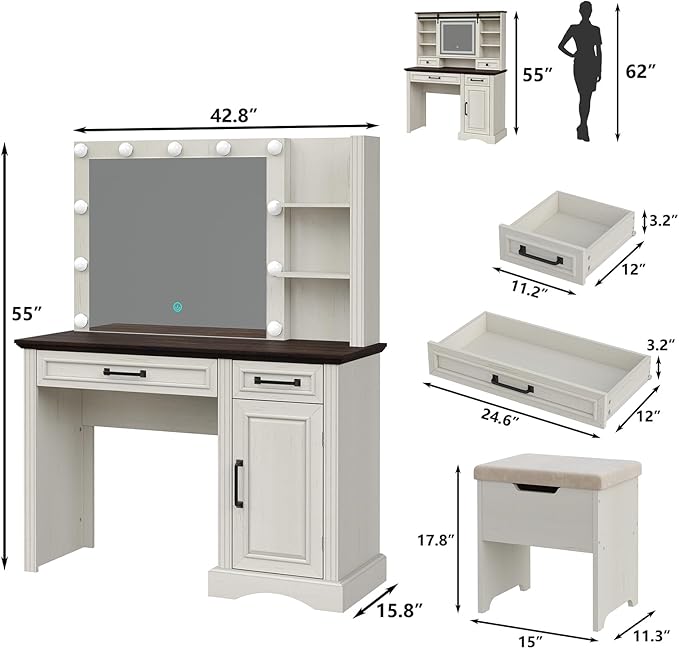 Farmhouse Vanity Makeup Desk, 43" W Vanity Desk with Lights Mirror and Drawers for Makeup, Big Modern Table Set with Stool for Bedroom, Antique White