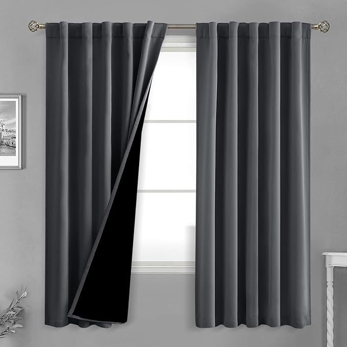BGment 100% Grey Blackout Curtains 72 Inches Long for Bedroom, Double Layer Room Darkening Thermal Insulated Curtains with Liner Rod Pocket and Back Tab Panels(42 x 72 Inch, 2 Panels, Dark Grey)
