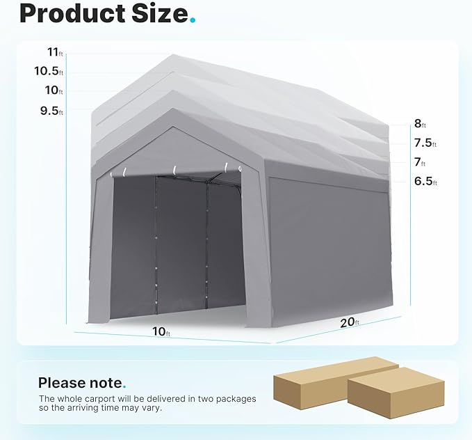 ADVANCE OUTDOOR 10x20 ft Heavy Duty Carport Garage Shelter, Adjustable Height (6.5-11ft) Waterproof Canopy with Removable Sidewalls for Cars, RV, Boat, Truck, Party - Gray
