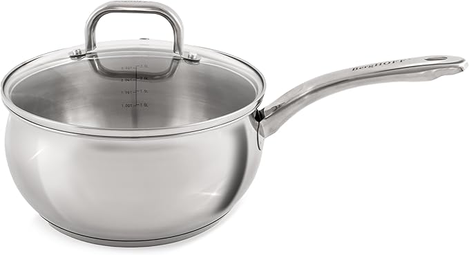 BergHOFF Belly Shape 18/10 Stainless Steel 8 Inches Saucepan 3.2qt., Glass Lid, Fast, Evenly Heat, Induction Cooktop Ready