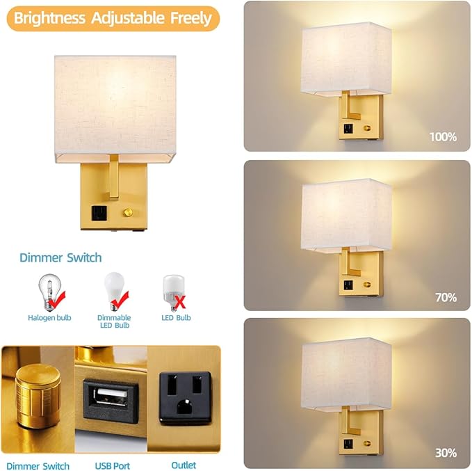 Plug in Wall Sconce, Bedside Wall lamp with Plug and dimmable Switch, with USB Charging Port and Socket, Suitable for Hotel, Corridor, Living Room and Bedroom Wall Light (Golden)