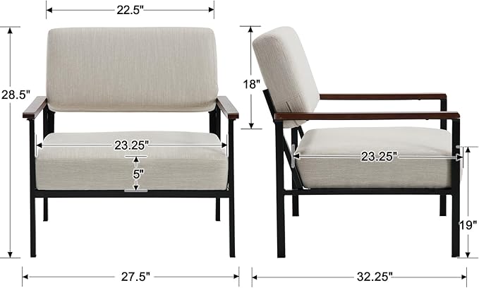 Set of 2 Mid Century Modern Accent Chair Arm Chairs, Comfy Armchair Linen Upholstered with Black Metal, Beige