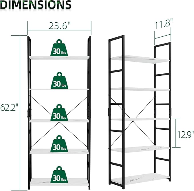 OTK 5 Tier Bookshelf, Tall Bookcase, Office Shelf Storage Organizer, Modern Book Shelf for Living Room, Bedroom, and Home Office, White Marble