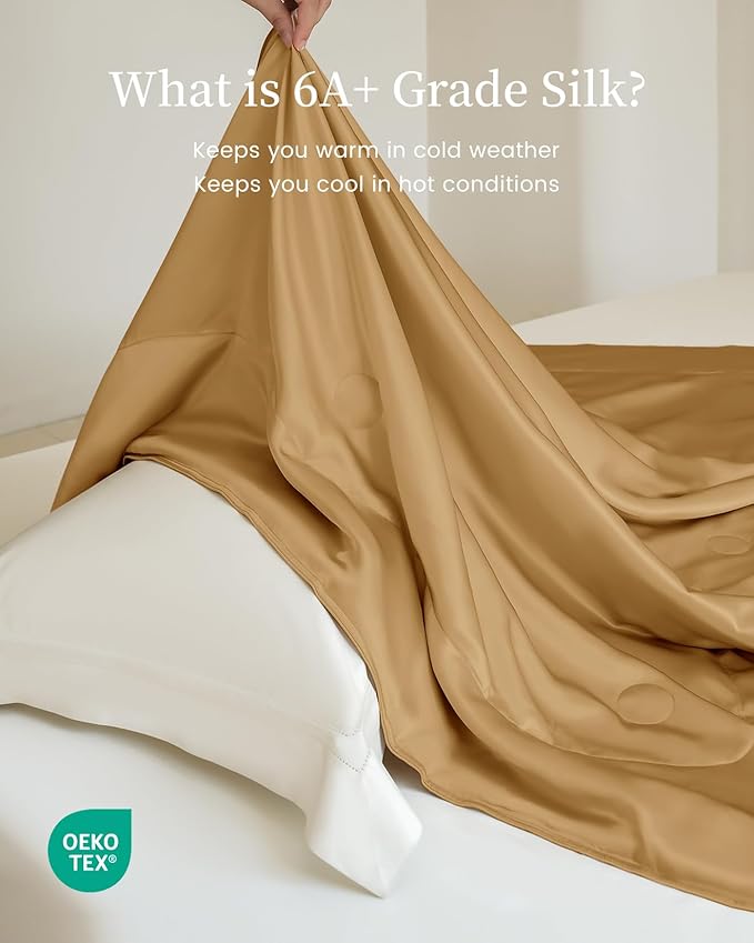 THXSILK Silk Blanket, 100% Mulberry Silk Cooling Throw, Soft and Lightweight Blanket for Bedroom, Sofa, Travel, All-Season (Metallic Gold, King)