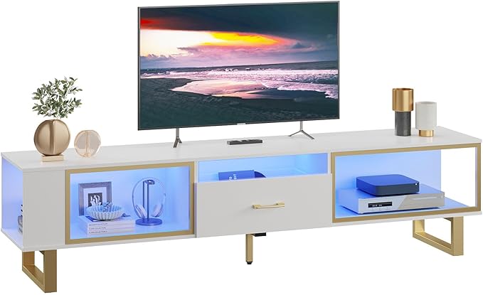 Bestier 80 Inch TV Stand for 65/75/85/90 Inch TVs, LED Gaming Entertainment Center with Open Storage and Half-Glass Design Drawer, Modern High Gloss Media Console for Living Room, White and Gold
