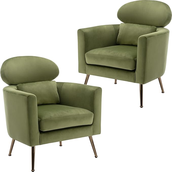 Accent Chair Set of 2 Upholstered Barrel Arm Chair for Living Room Bedroom Reception Room Office, Modern Soft Padded Single Sofa Chair with Golden Legs & Lumbar Pillow, Velvet Green