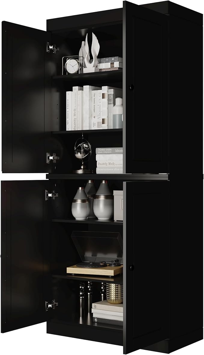 Palace Imports Solid Wood Bookcase - 6-Shelf Tall Bookshelf, 71.5” H x 32” W - Black, Wooden Cabinet Doors, Adjustable Shelves, 100% Renewable Eco-Friendly Wood, Made in Brazil