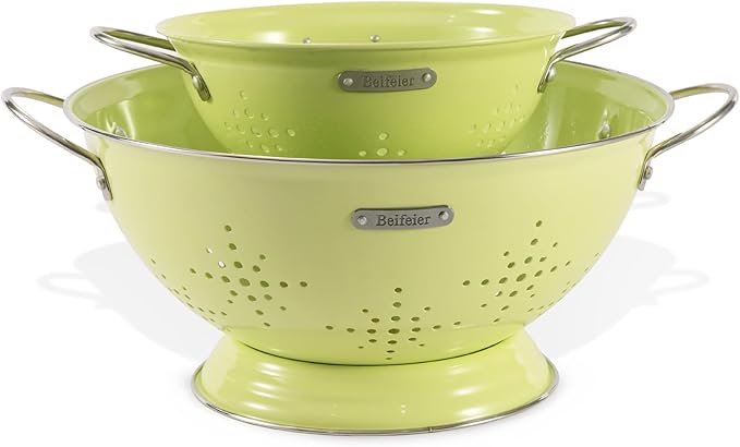 Metal Colander 2 Pack, Strainer Bowel with Handles 2Qt & 6Qt Powder Coated Solid Ring Base Heavey Duty Kitchen Drainer Basket for Pasta Veggies and Fruits,New Home Apartment Essentials (LightGreen)