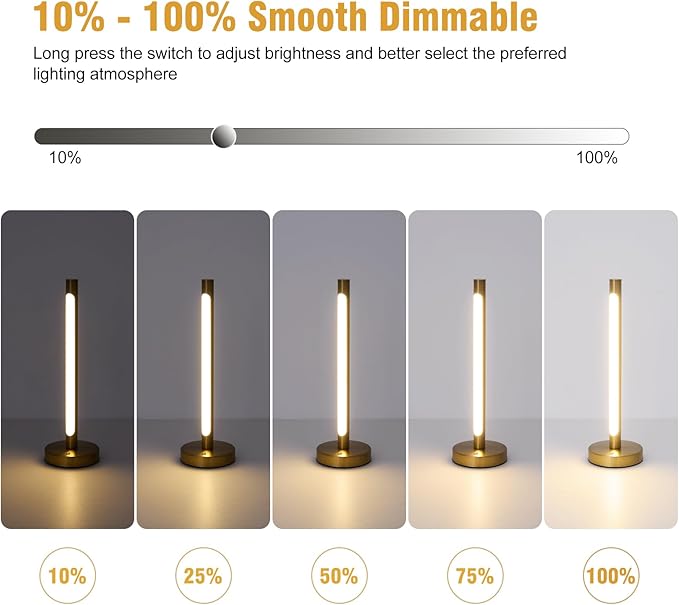 Gold Cordless Table Lamp, 5200mAh Rechargeable Battery Operated Lamp with 3-Levels Brightness, Touch LED Night Light Wireless Minimalist Design for Bedroom Camping Outdoor Patio,Brass