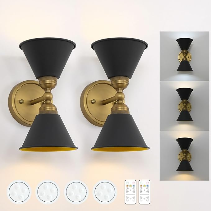 HEQIQEH Set of 2 Vintage Battery Operated 2-Lights Wall Sconces, Indoor Up and Down Wall Light Fixtures with Remote Control, Dimmable Cordless Wall Lamps for Hallway, Living Room, Stairs