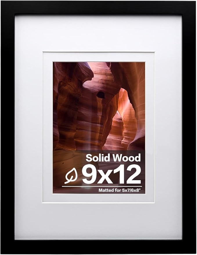 Egofine 9x12 Picture Frame Black Covered by Plexiglass Made of Solid Wood, Wood Frame for Pictures 5x7/ 6x8 with Mat or 9x12 without Mat, Tabletop and Wall Mounting Display