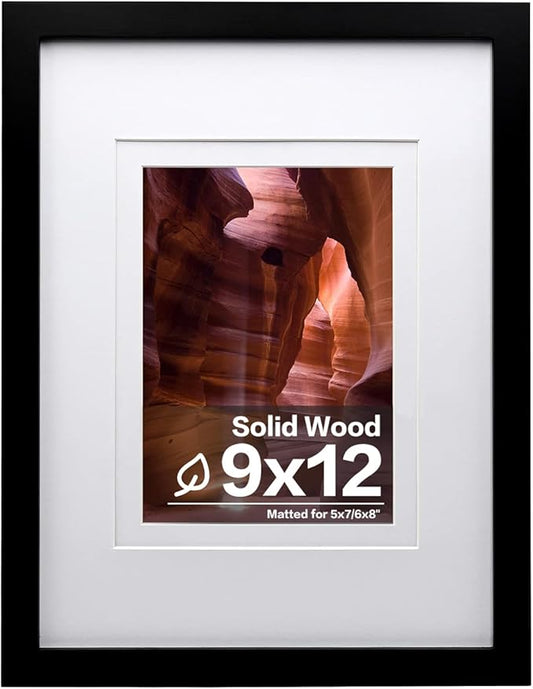 Egofine 9x12 Picture Frame Black Covered by Plexiglass Made of Solid Wood, Wood Frame for Pictures 5x7/ 6x8 with Mat or 9x12 without Mat, Tabletop and Wall Mounting Display