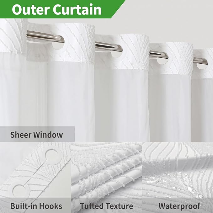 Long No Hook Shower Curtain and Liner Set,Boho Style with See Through Top Window,White Fabric Tufted Striped Textured Outer Curtain with Snap in Liner, White,71Wx80H